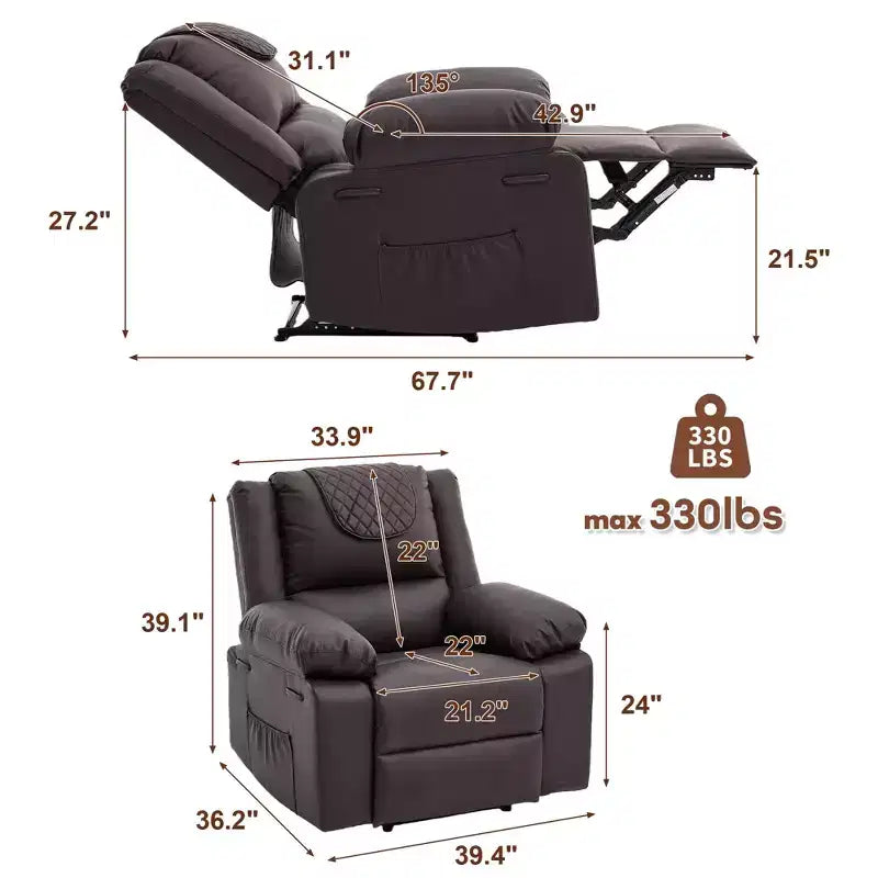 Fauteuil inclinable adulte GustoWave avec chauffage et massage, inclinable manuel réglable à 135° avec poches latérales de rangement et télécommande