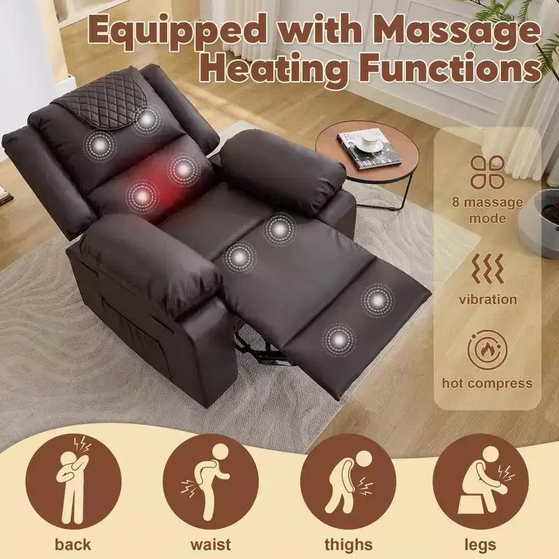 Fauteuil inclinable adulte GustoWave avec chauffage et massage, inclinable manuel réglable à 135° avec poches latérales de rangement et télécommande