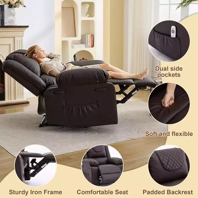 Fauteuil inclinable adulte GustoWave avec chauffage et massage, inclinable manuel réglable à 135° avec poches latérales de rangement et télécommande