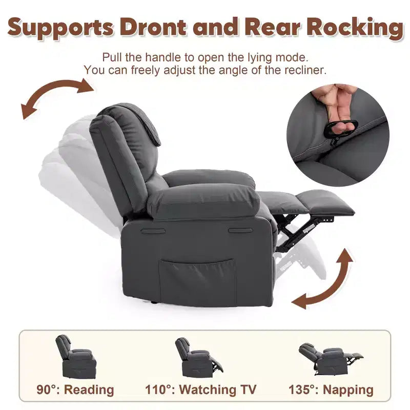 Fauteuil inclinable adulte GustoWave avec chauffage et massage, inclinable manuel réglable à 135° avec poches latérales de rangement et télécommande