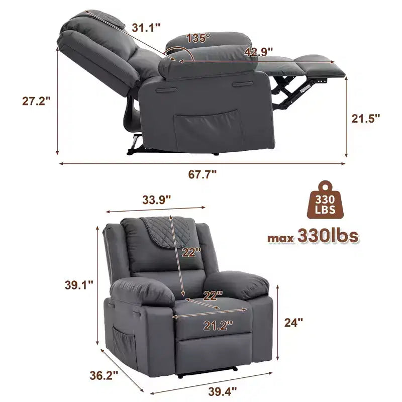 Fauteuil inclinable adulte GustoWave avec chauffage et massage, inclinable manuel réglable à 135° avec poches latérales de rangement et télécommande