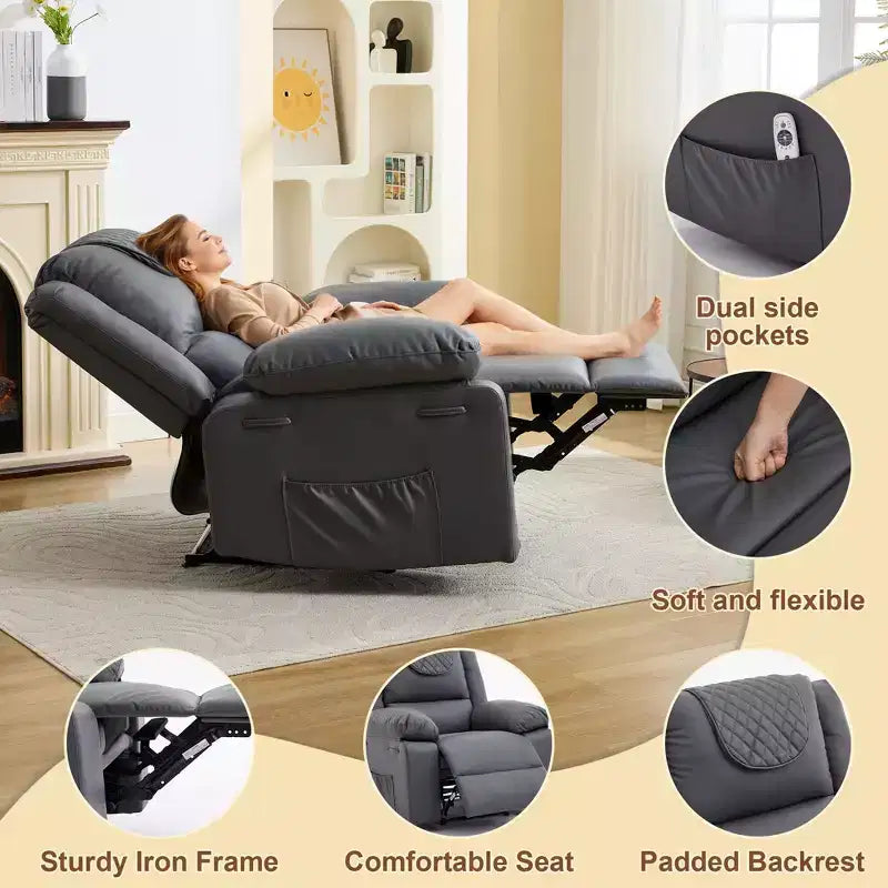 Fauteuil inclinable adulte GustoWave avec chauffage et massage, inclinable manuel réglable à 135° avec poches latérales de rangement et télécommande