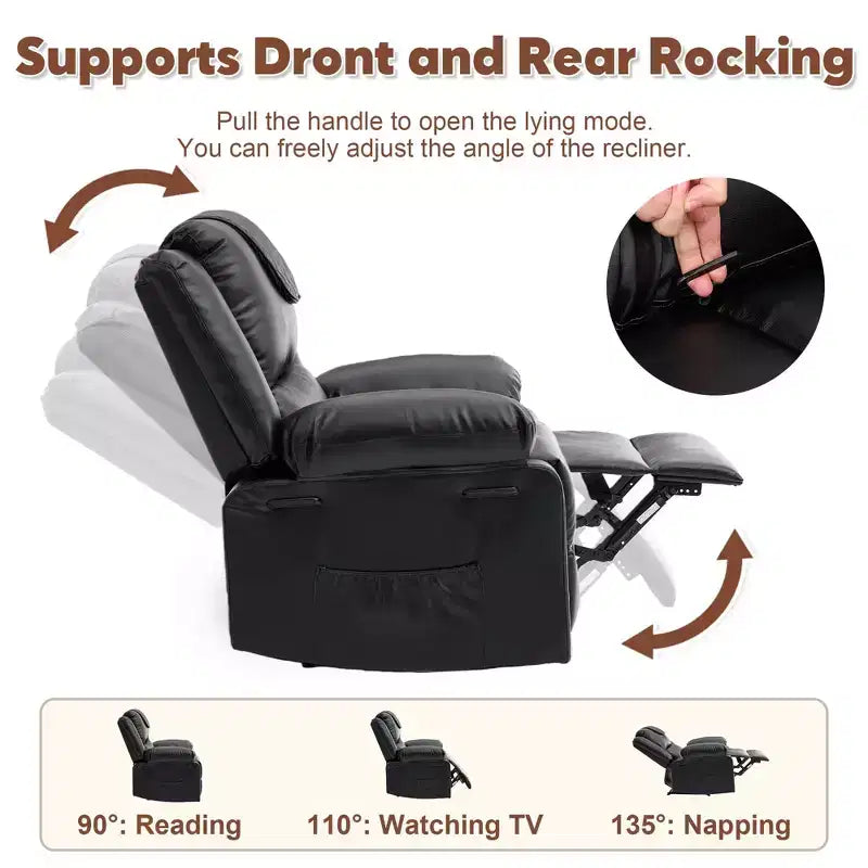 Fauteuil inclinable adulte GustoWave avec chauffage et massage, inclinable manuel réglable à 135° avec poches latérales de rangement et télécommande