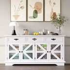 Buffet de ferme moderne avec 3 tiroirs, buffet de cuisine de 160 cm avec portes de grange rustiques et étagères réglables - Blanc
