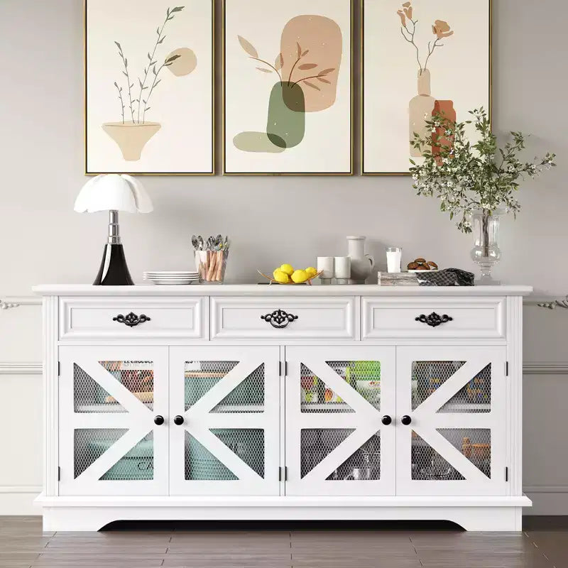 Buffet de ferme moderne avec 3 tiroirs, buffet de cuisine de 160 cm avec portes de grange rustiques et étagères réglables - Blanc