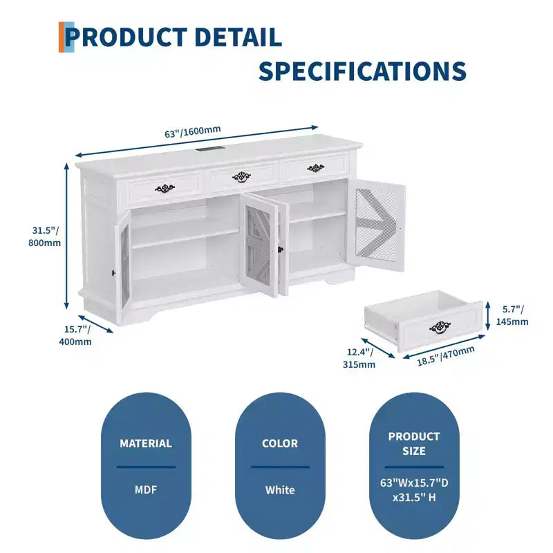 Buffet de ferme moderne avec 3 tiroirs, buffet de cuisine de 160 cm avec portes de grange rustiques et étagères réglables - Blanc