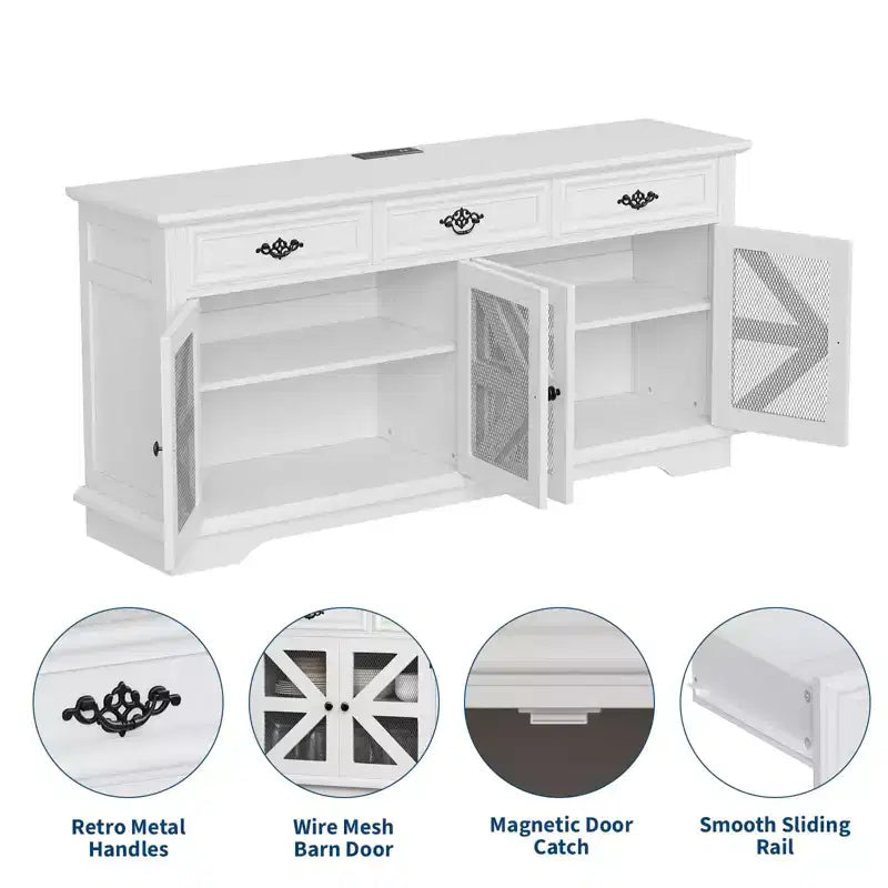 Buffet de ferme moderne avec 3 tiroirs, buffet de cuisine de 160 cm avec portes de grange rustiques et étagères réglables - Blanc