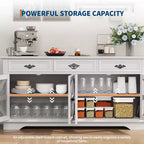 Buffet de ferme moderne avec 3 tiroirs, buffet de cuisine de 160 cm avec portes de grange rustiques et étagères réglables - Blanc