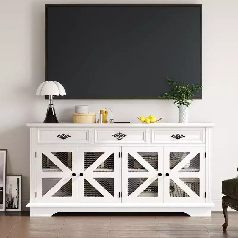 Buffet de ferme moderne avec 3 tiroirs, buffet de cuisine de 160 cm avec portes de grange rustiques et étagères réglables - Blanc