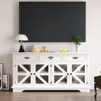 Buffet de ferme moderne avec 3 tiroirs, buffet de cuisine de 160 cm avec portes de grange rustiques et étagères réglables - Blanc