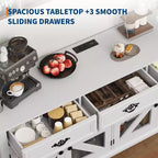 Buffet de ferme moderne avec 3 tiroirs, buffet de cuisine de 160 cm avec portes de grange rustiques et étagères réglables - Blanc