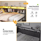 Cadre de lit d'angle grand format avec lumières LED et étagère de rangement intégrée, station de charge, canapé-lit capitonné avec 3 tiroirs, pas besoin de sommier, gris