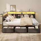 Cadre de lit d'angle grand format avec lumières LED et étagère de rangement intégrée, station de charge, canapé-lit capitonné avec 3 tiroirs, pas besoin de sommier, gris