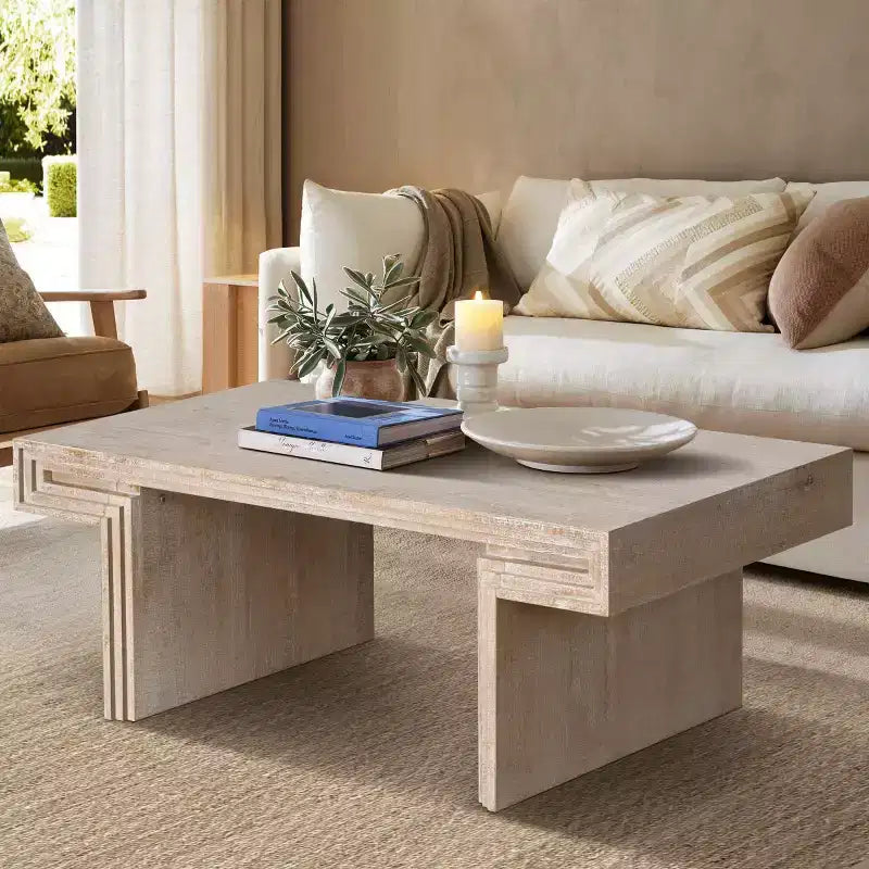 Table basse vintage en bois de 122 cm, table basse rectangulaire avec piètement en tréteaux pour salon - Panipeachy