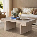 Table basse vintage en bois de 122 cm, table basse rectangulaire avec piètement en tréteaux pour salon - Panipeachy
