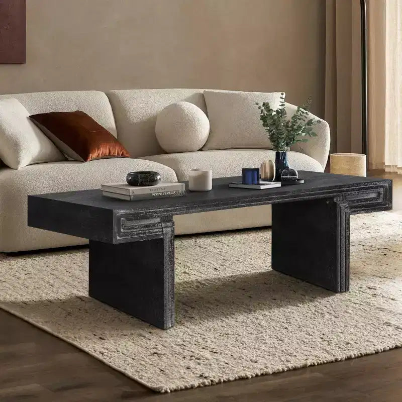 Table basse vintage en bois de 122 cm, table basse rectangulaire avec piètement en tréteaux pour salon - Panipeachy
