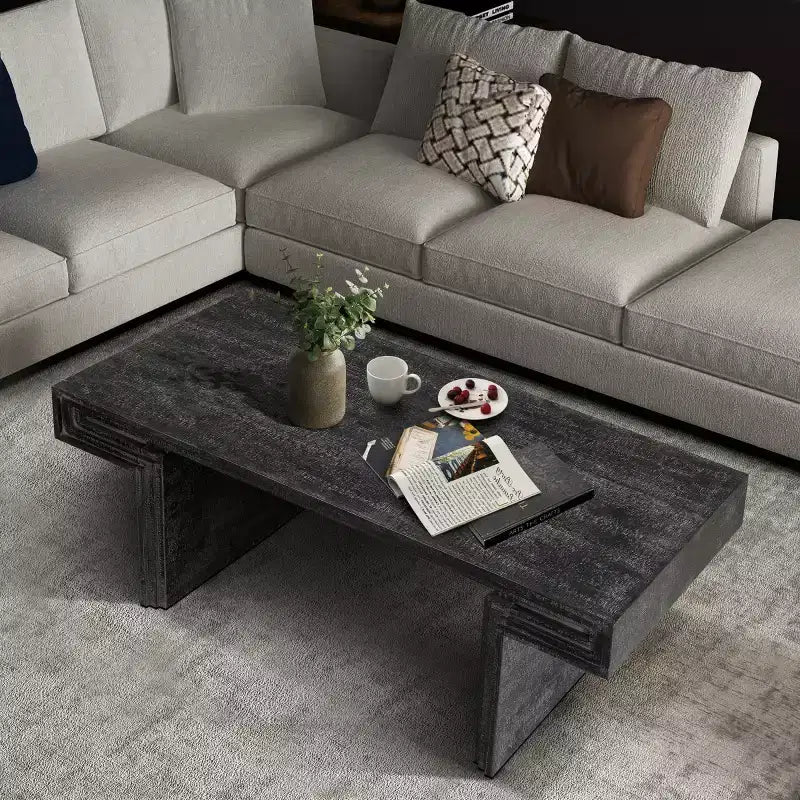 Table basse vintage en bois de 122 cm, table basse rectangulaire avec piètement en tréteaux pour salon - Panipeachy