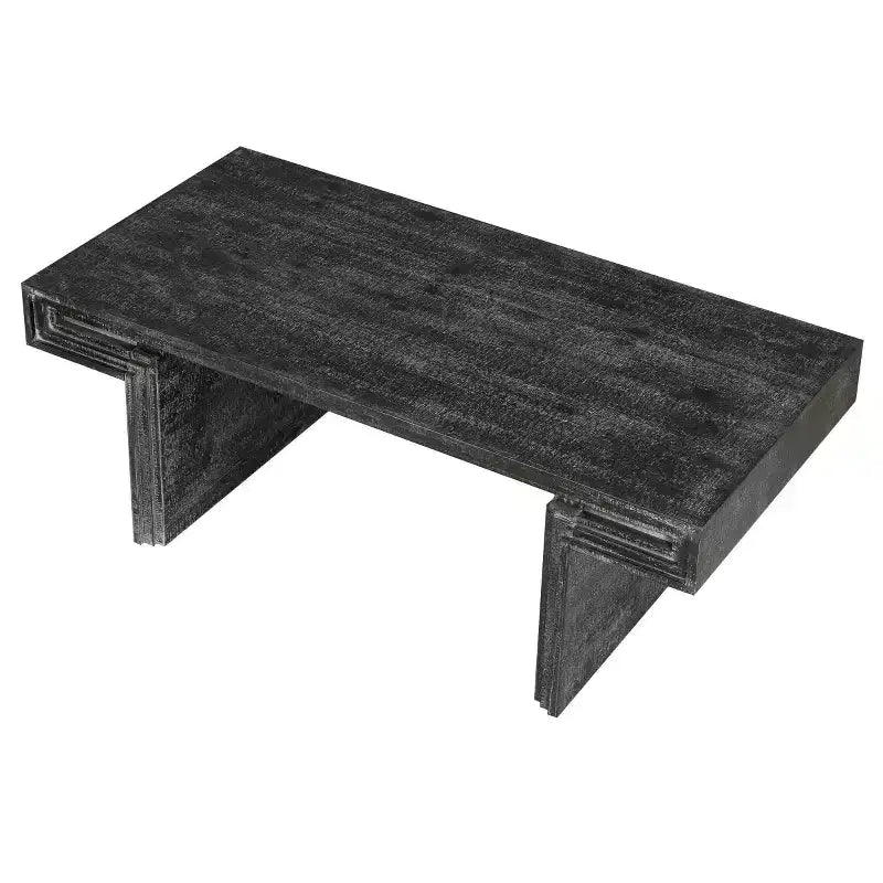 Table basse vintage en bois de 122 cm, table basse rectangulaire avec piètement en tréteaux pour salon - Panipeachy