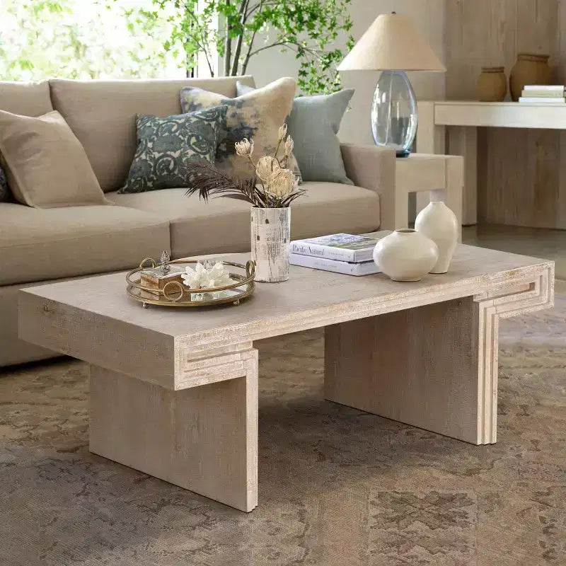 Table basse vintage en bois de 122 cm, table basse rectangulaire avec piètement en tréteaux pour salon - Panipeachy