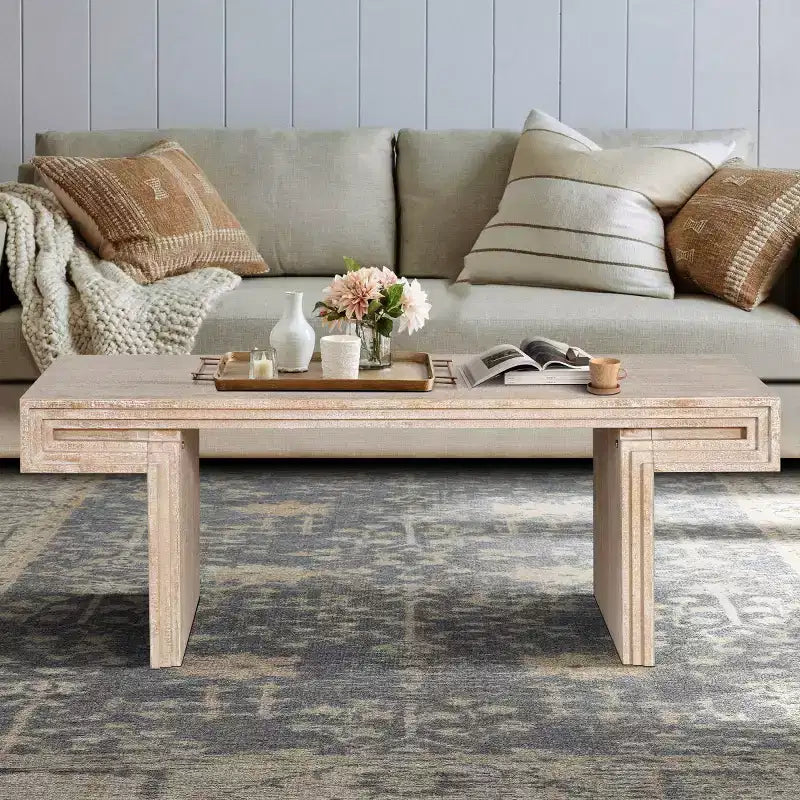 Table basse vintage en bois de 122 cm, table basse rectangulaire avec piètement en tréteaux pour salon - Panipeachy
