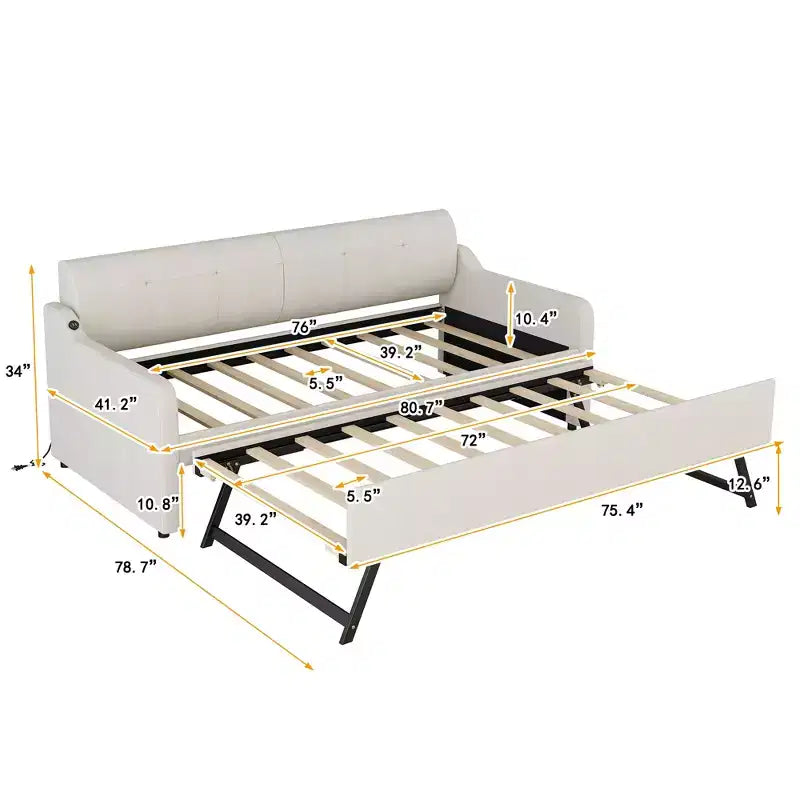 Lit de repos double Bellemave avec matelas gigogne et port de chargement USB, cadre de lit de repos capitonné pour salon, le matelas gigogne peut être plat ou relevé, beige