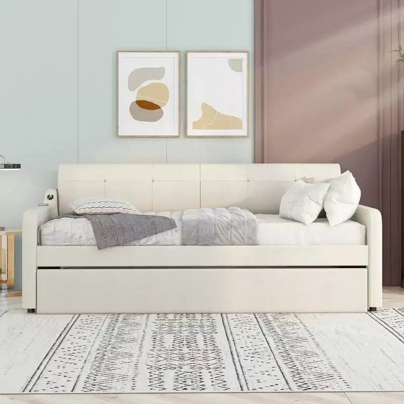 Lit de repos double Bellemave avec matelas gigogne et port de chargement USB, cadre de lit de repos capitonné pour salon, le matelas gigogne peut être plat ou relevé, beige