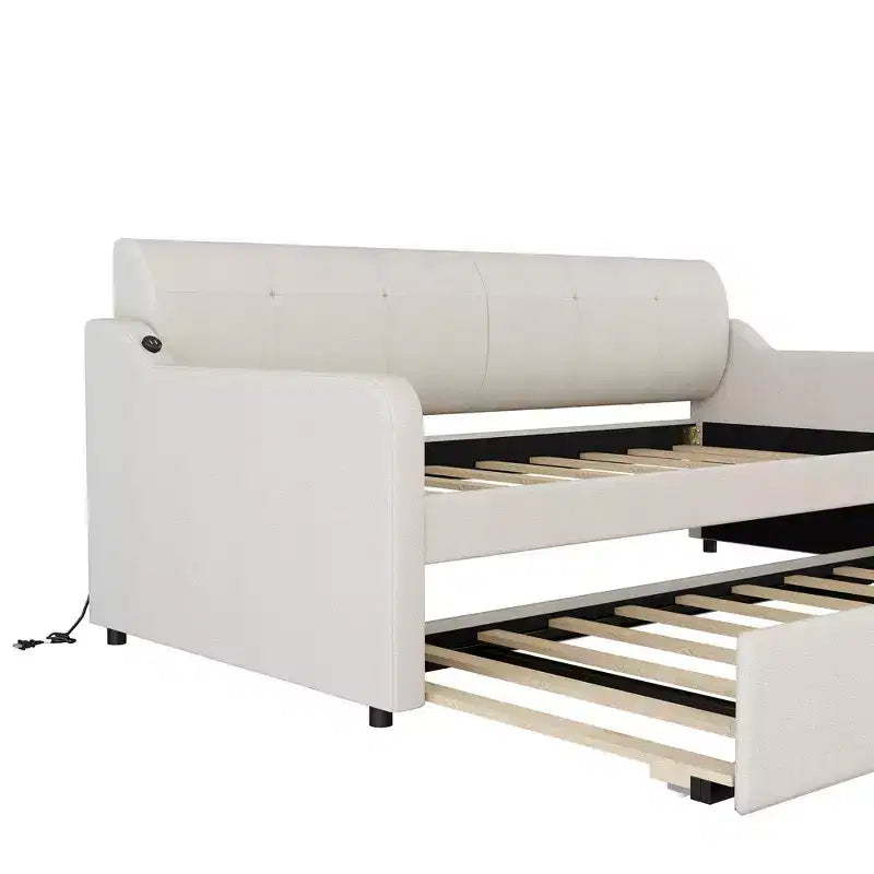 Lit de repos double Bellemave avec matelas gigogne et port de chargement USB, cadre de lit de repos capitonné pour salon, le matelas gigogne peut être plat ou relevé, beige