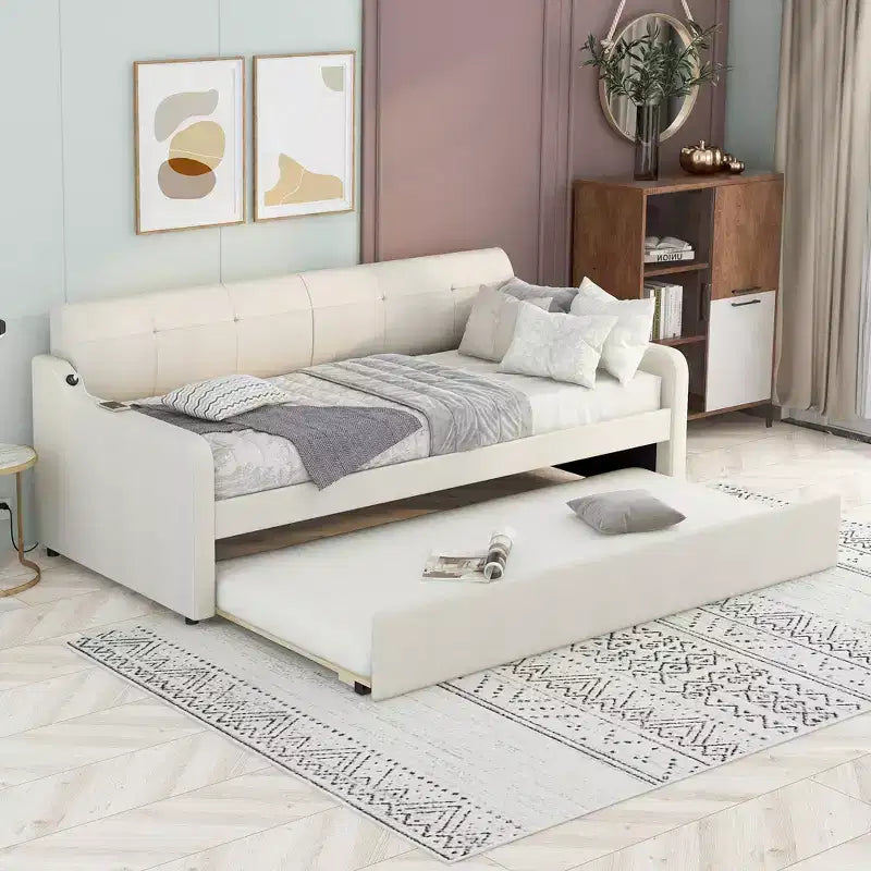Lit de repos double Bellemave avec matelas gigogne et port de chargement USB, cadre de lit de repos capitonné pour salon, le matelas gigogne peut être plat ou relevé, beige