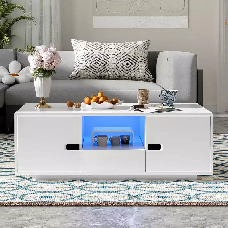 Table basse moderne avec lumières LED, table basse rectangulaire élégante avec espace de rangement, table basse laquée brillante pour salon, noire