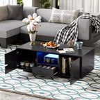 Table basse moderne avec lumières LED, table basse rectangulaire élégante avec espace de rangement, table basse laquée brillante pour salon, noire