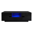 Table basse moderne avec lumières LED, table basse rectangulaire élégante avec espace de rangement, table basse laquée brillante pour salon, noire