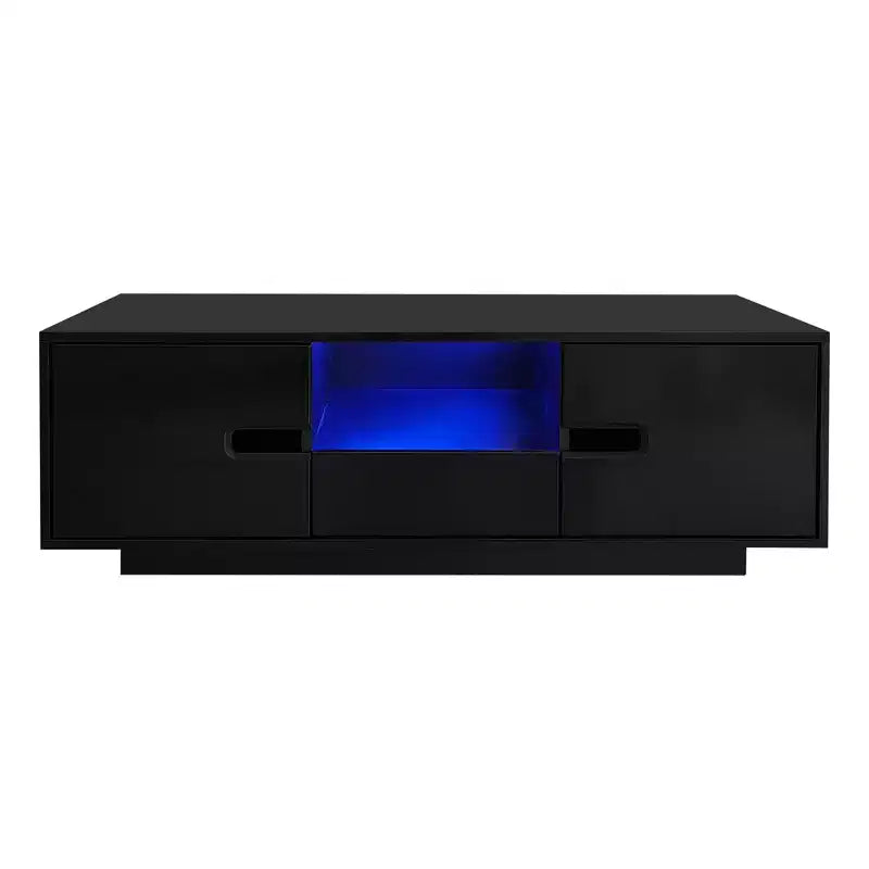 Table basse moderne avec lumières LED, table basse rectangulaire élégante avec espace de rangement, table basse laquée brillante pour salon, noire