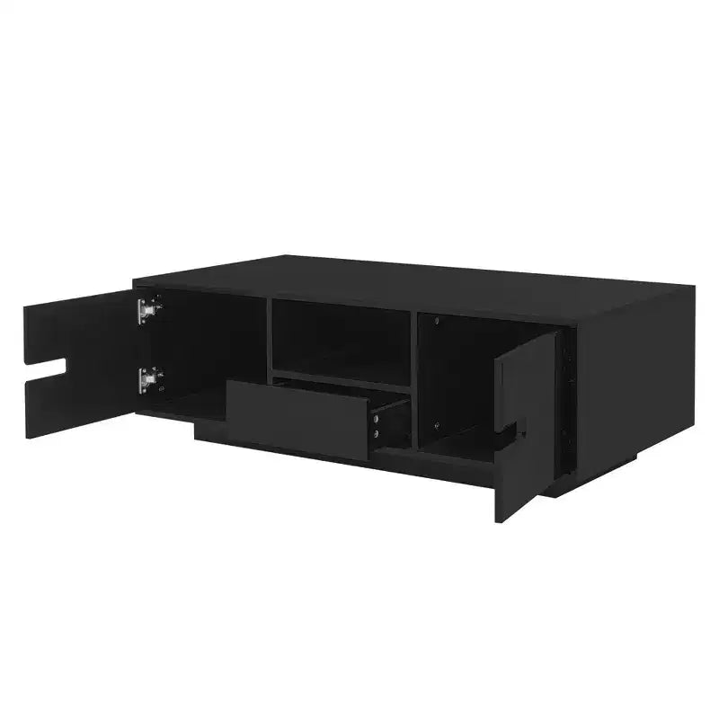 Table basse moderne avec lumières LED, table basse rectangulaire élégante avec espace de rangement, table basse laquée brillante pour salon, noire