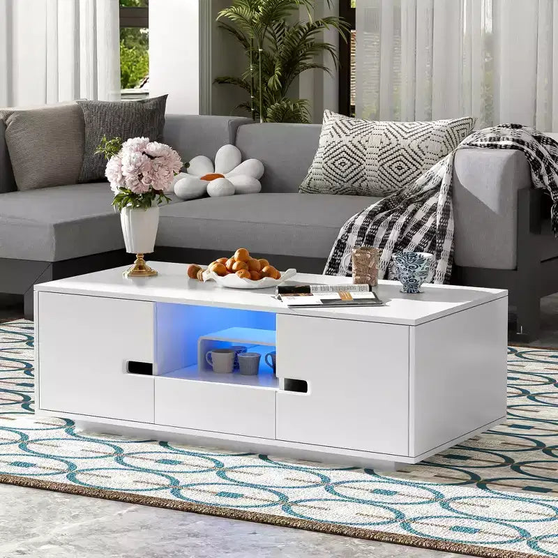 Table basse moderne avec lumières LED, table basse rectangulaire élégante avec espace de rangement, table basse laquée brillante pour salon, noire