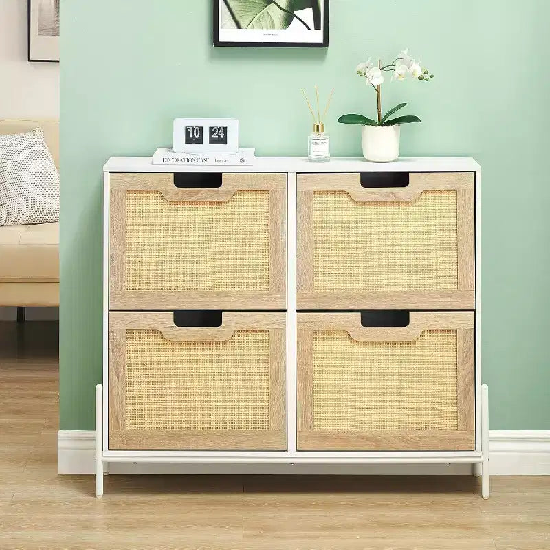 Meuble à chaussures en rotin pour entrée avec 4 portes, étagères réglables, peut contenir 20 paires, mobilier de rangement moderne, grande capacité de rangement