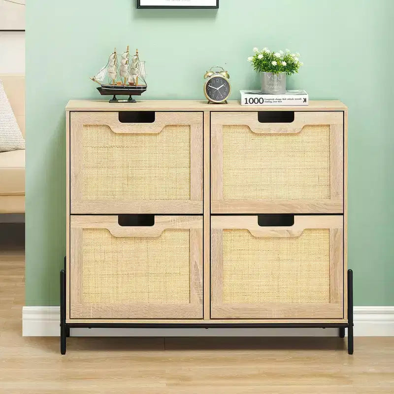 Meuble à chaussures en rotin pour entrée avec 4 portes, étagères réglables, peut contenir 20 paires, mobilier de rangement moderne, grande capacité de rangement