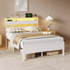 Cadre de lit double blanc avec lumières LED, station de charge, tête de lit de rangement, plateforme en métal, pas besoin de sommier tapissier, meubles de chambre à coucher pour jeunes, port USB