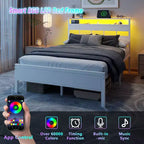 Cadre de lit double blanc avec lumières LED, station de charge, tête de lit de rangement, plateforme en métal, pas besoin de sommier tapissier, meubles de chambre à coucher pour jeunes, port USB