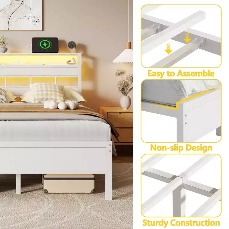 Cadre de lit double blanc avec lumières LED, station de charge, tête de lit de rangement, plateforme en métal, pas besoin de sommier tapissier, meubles de chambre à coucher pour jeunes, port USB