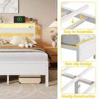 Cadre de lit double blanc avec lumières LED, station de charge, tête de lit de rangement, plateforme en métal, pas besoin de sommier tapissier, meubles de chambre à coucher pour jeunes, port USB