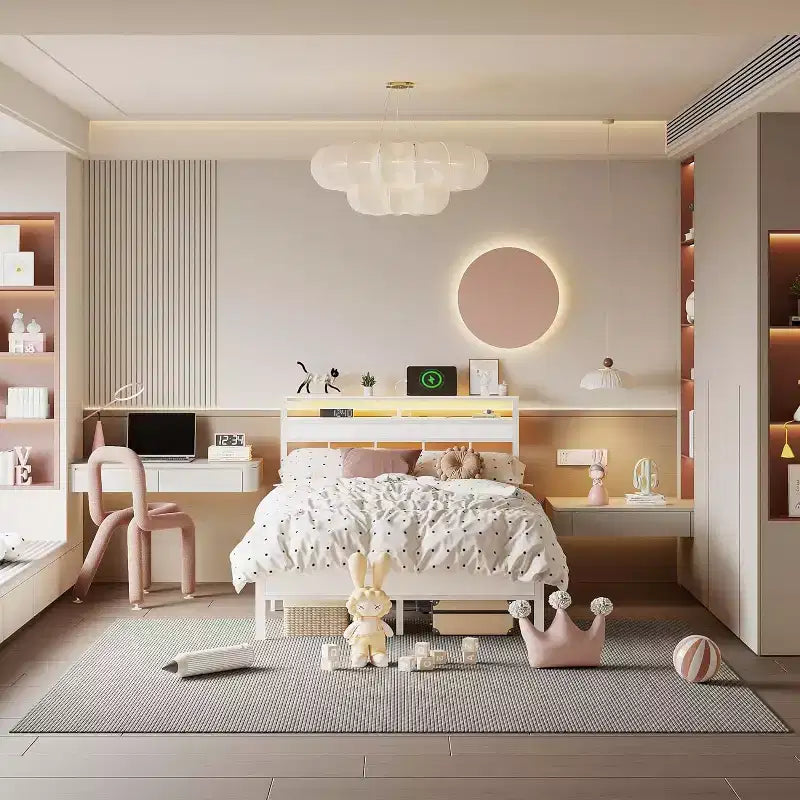Cadre de lit double blanc avec lumières LED, station de charge, tête de lit de rangement, plateforme en métal, pas besoin de sommier tapissier, meubles de chambre à coucher pour jeunes, port USB