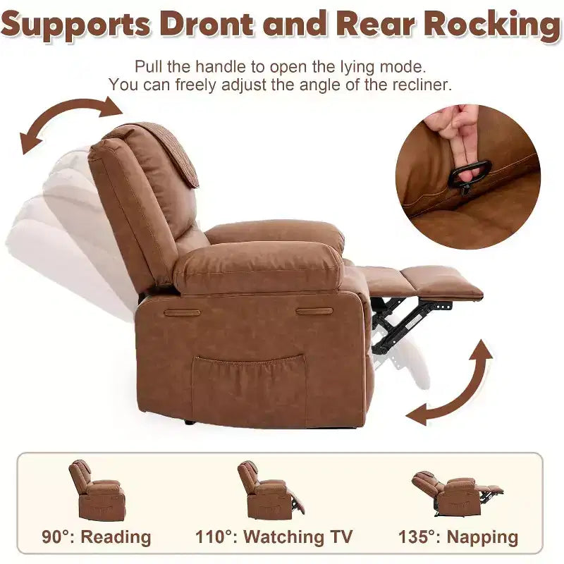 Fauteuil inclinable manuel avec fonctions Chauffage et Massage, inclinaison avant/arrière de 135°, poche latérale, options marron/gris/café/noir