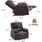 Fauteuil inclinable manuel avec fonctions Chauffage et Massage, inclinaison avant/arrière de 135°, poche latérale, options marron/gris/café/noir