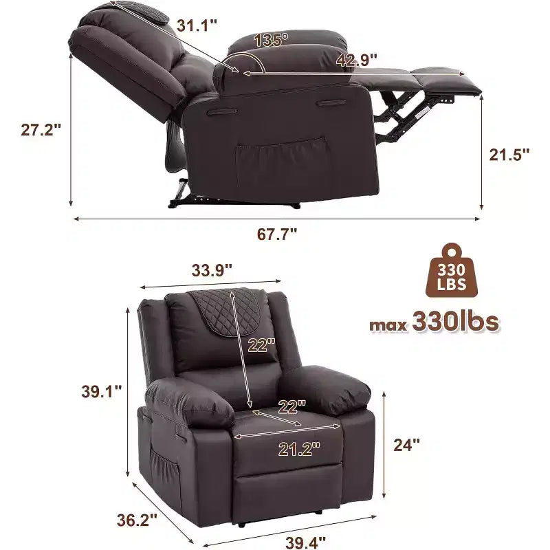 Fauteuil inclinable manuel avec fonctions Chauffage et Massage, inclinaison avant/arrière de 135°, poche latérale, options marron/gris/café/noir