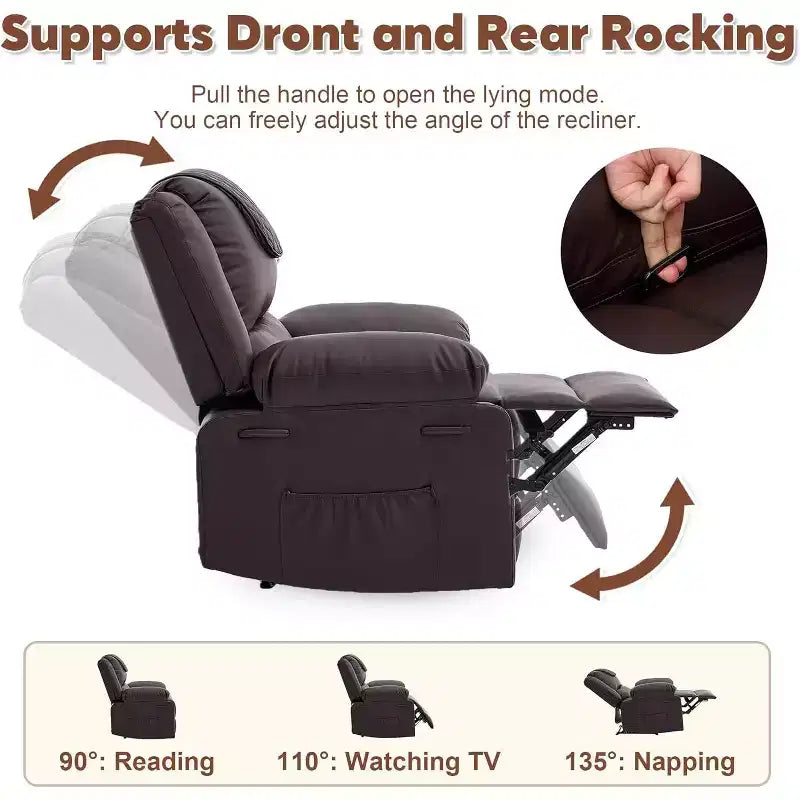Fauteuil inclinable manuel avec fonctions Chauffage et Massage, inclinaison avant/arrière de 135°, poche latérale, options marron/gris/café/noir