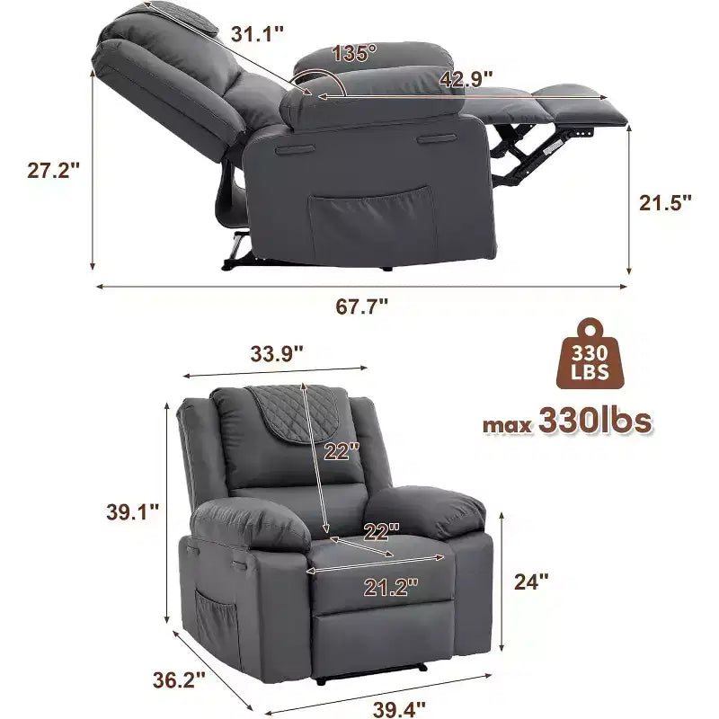 Fauteuil inclinable manuel avec fonctions Chauffage et Massage, inclinaison avant/arrière de 135°, poche latérale, options marron/gris/café/noir