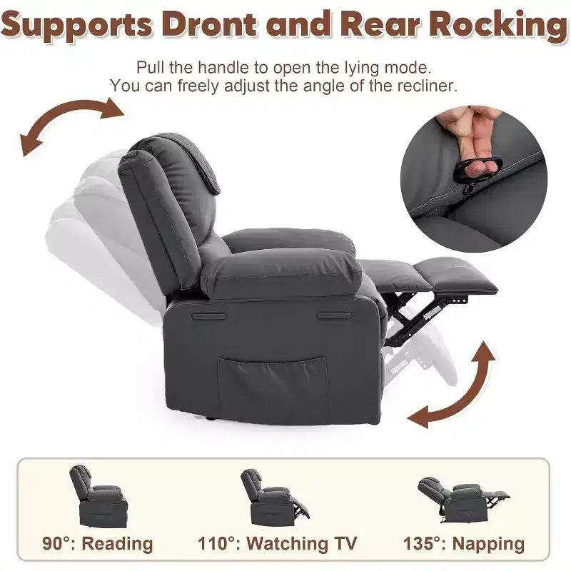 Fauteuil inclinable manuel avec fonctions Chauffage et Massage, inclinaison avant/arrière de 135°, poche latérale, options marron/gris/café/noir