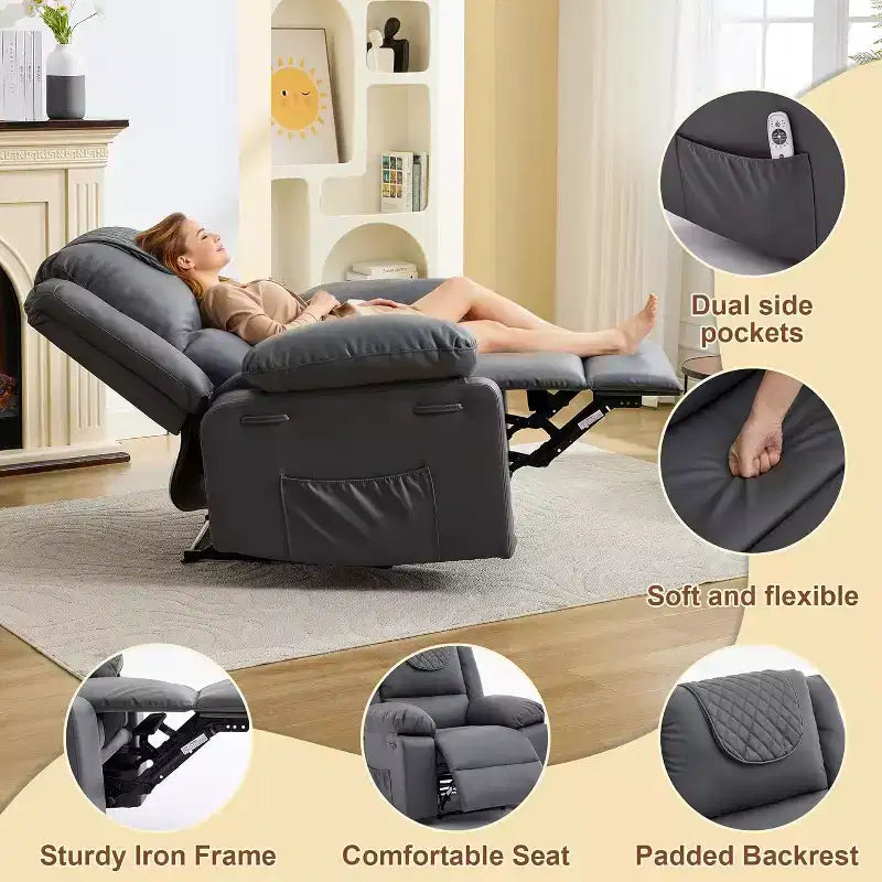 Fauteuil inclinable manuel avec fonctions Chauffage et Massage, inclinaison avant/arrière de 135°, poche latérale, options marron/gris/café/noir