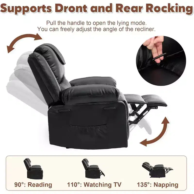 Fauteuil inclinable manuel avec fonctions Chauffage et Massage, inclinaison avant/arrière de 135°, poche latérale, options marron/gris/café/noir