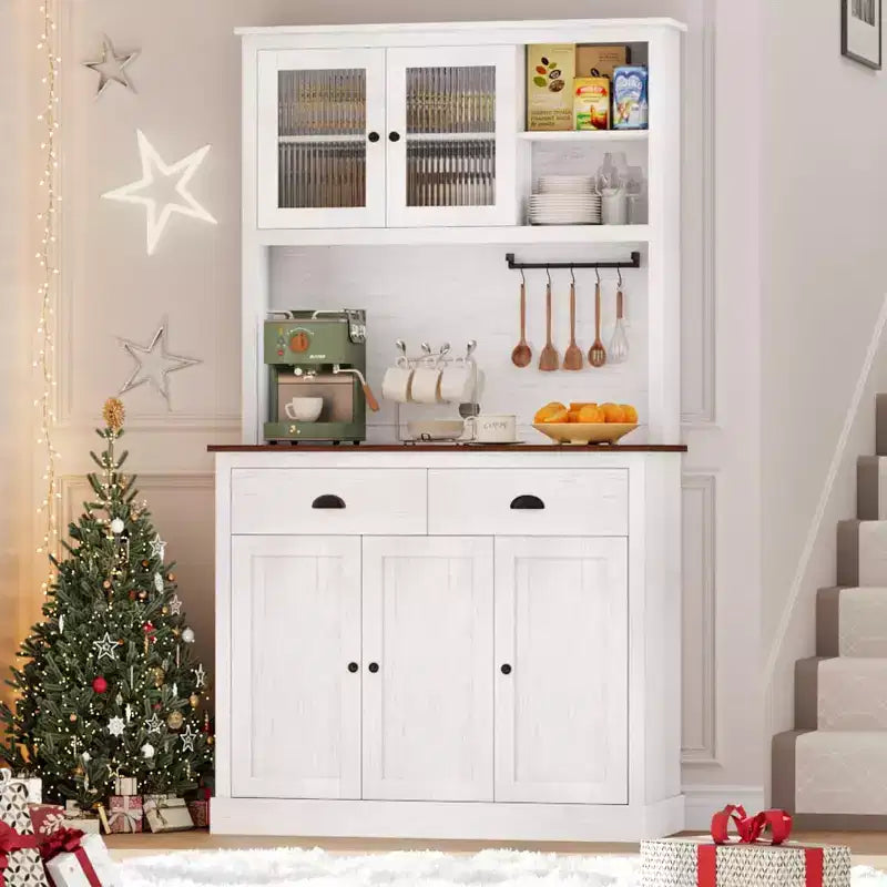 Meuble de rangement haut indépendant de 180 cm avec support micro-ondes, tiroirs et étagères réglables, meuble de cuisine de style campagnard pour la maison